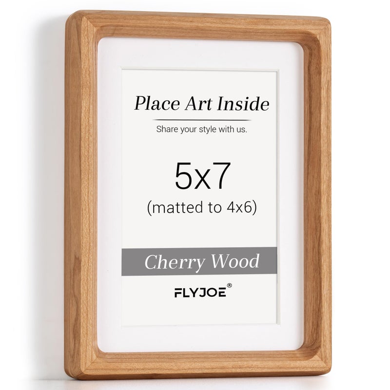 FLYJOE 5x7 Picture Frame  USA-Sourced Natural Cherry Wood Photo Frame with Tempered Glass  Handcrafted Rounded Corner 5 x 7 Wooden Frame Matted to 4x6 Photos  Wall or Tabletop Display - Image 1
