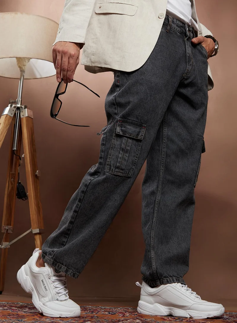 Men's Charcoal Black Acid-Wash Utility Denim Jeans For Casual Wear | Mid-Rise | Relaxed Fit | Button Closure | Denim Jeans Crafted With Comfort Fit For Everyday Wear
