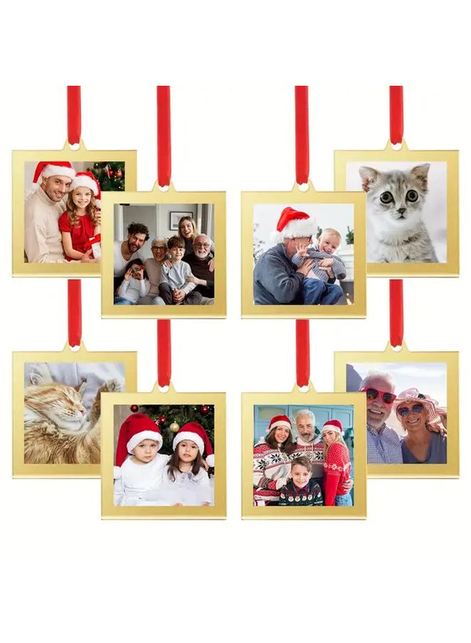 A Set Of 8 Christmas Themed Acrylic Golden Photo Frame Ornaments For Double Sided Holiday Picture Display And Festive Tree Party Decorations 2.5 X 2.5 Inches - Image 1