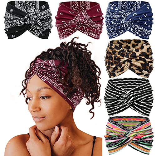 Tobeffect Wide Headbands for Women, 7'' Boho Turban Headband Large Hairband Twisted Hair Accessories, 6 pack - Image 1