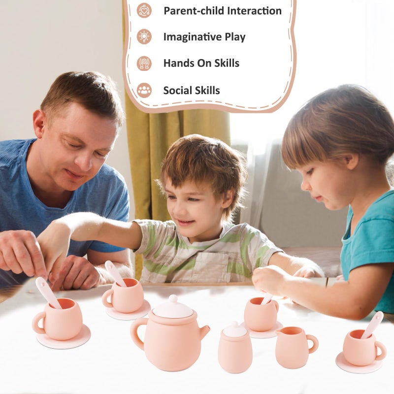 MCGMITT Silicone Tea Party Set, Toy Tea Set for Toddlers Kids, Includes Teapot, 4 Tea Cup and Coasters, Creamer, Sugar Bowl, 4 Spoon, Dishwasher Safe Pretend Teapot Set for Girls Boys Birthday Gifts - Image 3