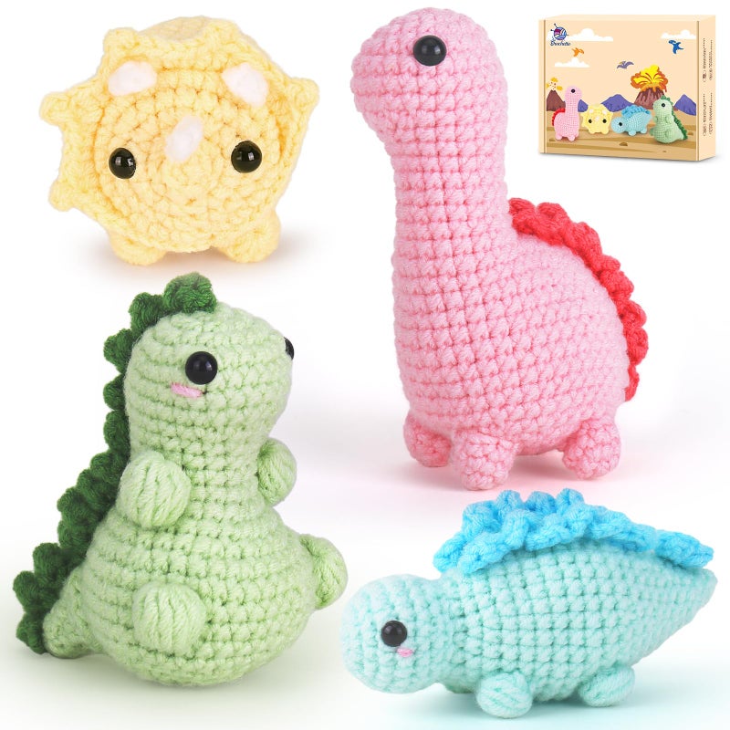 Crochet Kit for Beginners Beginner Crochet Kit for Adults with StepbyStep Video Tutorials DIY Crochet Animal Kits Knitting Supplies 4 Pack Dinosaurs 40 Yarn