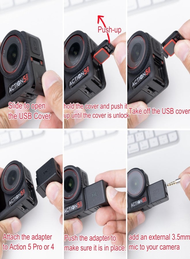 JJC Osmo Action 5 Pro Mic Adapter, 3.5mm Audio Mic Adapter for DJI Osmo Action 5 Pro 4, Supports Microphone Input, External Microphone Converter with Type-C（for Charging）Interface for Recording Vlogging - Image 2