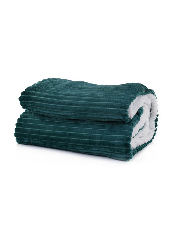 Mintra Blanket Double Sided Sherpa & Strip Soft Flannel Emerald Green 220x240 - Image 1