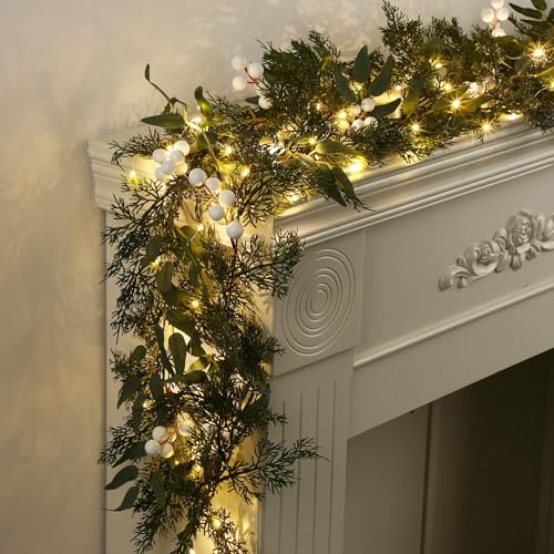 Juinte 2 Sets Christmas Garland 66ft Cedar White Berry with Lights Artificial Pine Garland Holiday Winter Table Runner for Stair Decoration Fireplace Centerpiece Background Decoration - Image 1