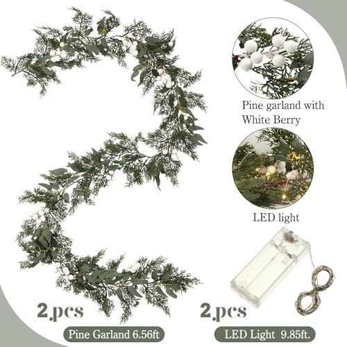 Juinte 2 Sets Christmas Garland 66ft Cedar White Berry with Lights Artificial Pine Garland Holiday Winter Table Runner for Stair Decoration Fireplace Centerpiece Background Decoration - Image 3