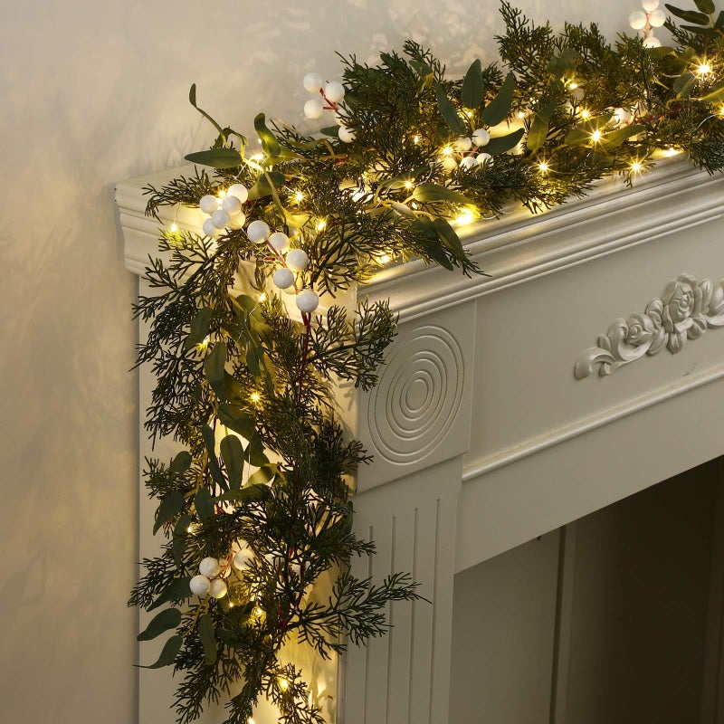 Juinte 2 Sets Christmas Garland 66ft Cedar White Berry with Lights Artificial Pine Garland Holiday Winter Table Runner for Stair Decoration Fireplace Centerpiece Background Decoration - Image 2