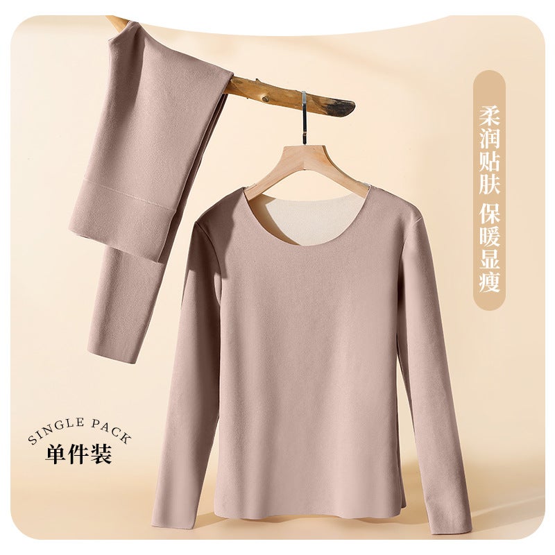 Autumn and winter German velvet thermal underwear womens suit fleece-lined thickened autumn clothes autumn pants womens bottoming shirt 2023 new women 8193#Light coffee suit 