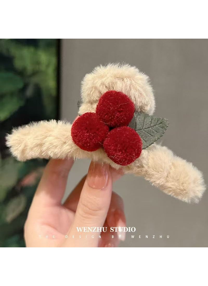 Generic Autumn Winter Cherry Pom Hair Clip Sweet Bow N37 wine red cherry 