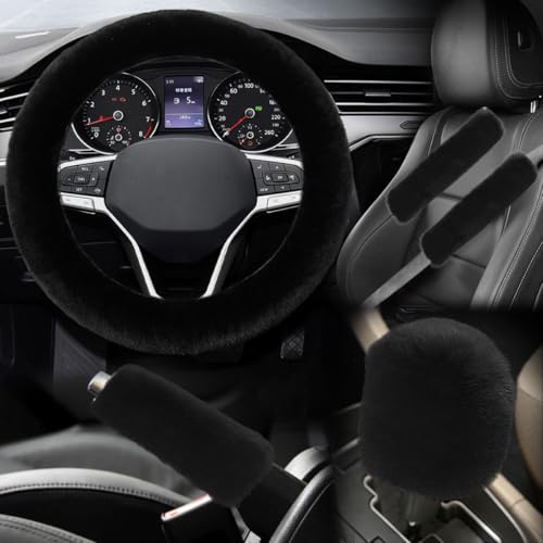 LHDOS 5PCS Fluffy Car Steering Wheel Cover Set Includes Faux Fur Gear Shift Cover Handbrake Cover Steering Wheel Protector 2 Seat Belt Shoulder Pads Winter Fuzzy Warm Car Accessories Black - Image 1