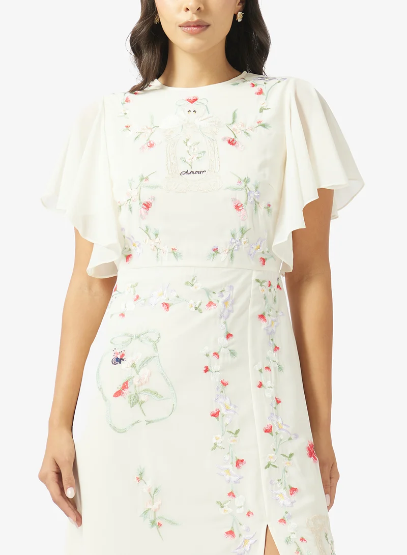 Hope & Ivy Embroidered Waterfall Sleeve Maxi Dress With Slit Skirt