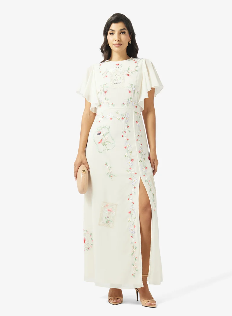 Hope & Ivy Embroidered Waterfall Sleeve Maxi Dress With Slit Skirt