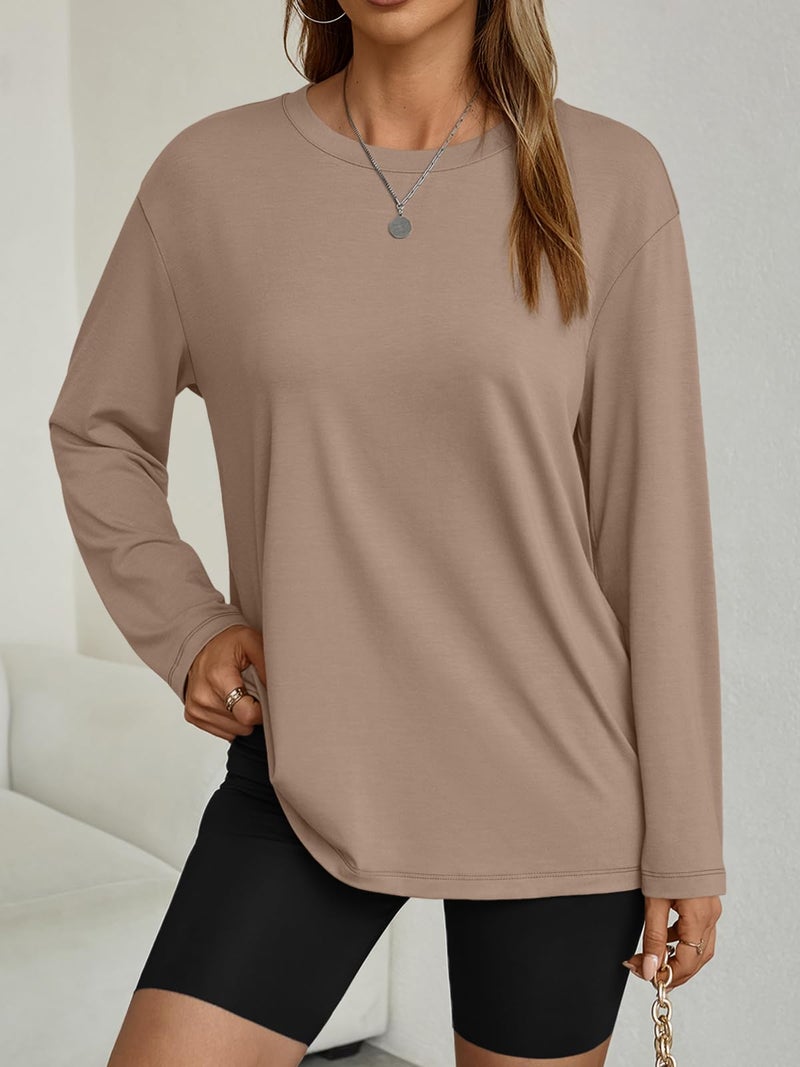 AUTOMET Women's Oversized Long Sleeve Shirts Fall Trendy Tops Tee Fashion Gym Tshirts Baggy Basic Casual Loose Fit Workout Y2k Clothes Khaki M - Image 2