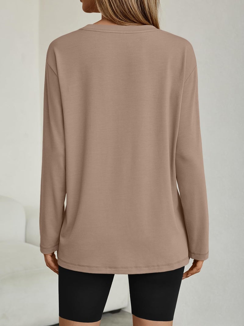 AUTOMET Women's Oversized Long Sleeve Shirts Fall Trendy Tops Tee Fashion Gym Tshirts Baggy Basic Casual Loose Fit Workout Y2k Clothes Khaki M - Image 4