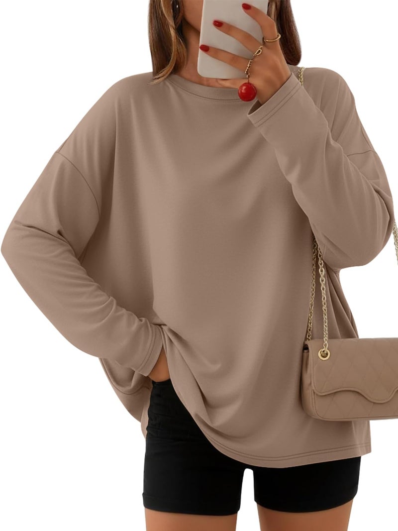 AUTOMET Women's Oversized Long Sleeve Shirts Fall Trendy Tops Tee Fashion Gym Tshirts Baggy Basic Casual Loose Fit Workout Y2k Clothes Khaki M - Image 1
