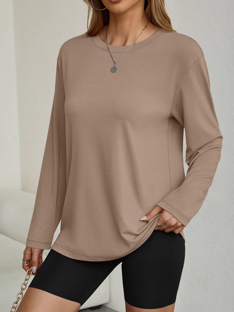 AUTOMET Women's Oversized Long Sleeve Shirts Fall Trendy Tops Tee Fashion Gym Tshirts Baggy Basic Casual Loose Fit Workout Y2k Clothes Khaki M - Image 3