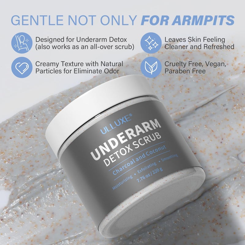 ulluxe Charcoal Underarm Body Scrub for Odor Control, Dark Armpits Spots Remover, Armpit Detox & Bikini Area Body Exfoliator, Exfoliating Moisturizing Natural Deodorant Scrub for Women & Men, 7.7 Oz - Image 2