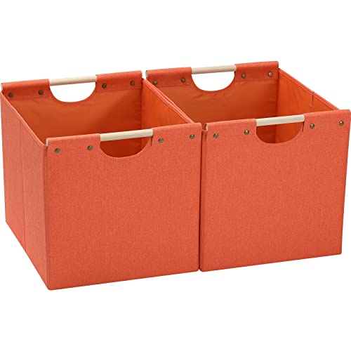 HOONEX Large Collapsible Storage Bins, Linen Fabric, Pack of 2, Storage Baskets with Wooden Carry Handles and Sturdy Heavy Cardboard, for Home, Office, Car, Nursery, Orange - Image 1