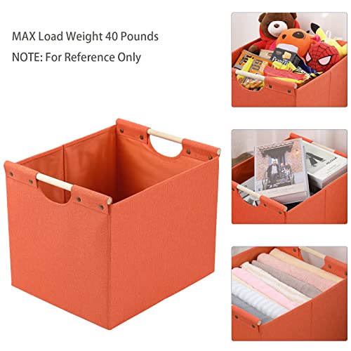 HOONEX Large Collapsible Storage Bins, Linen Fabric, Pack of 2, Storage Baskets with Wooden Carry Handles and Sturdy Heavy Cardboard, for Home, Office, Car, Nursery, Orange - Image 2