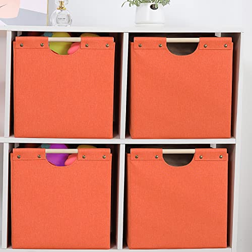 HOONEX Large Collapsible Storage Bins, Linen Fabric, Pack of 2, Storage Baskets with Wooden Carry Handles and Sturdy Heavy Cardboard, for Home, Office, Car, Nursery, Orange - Image 4