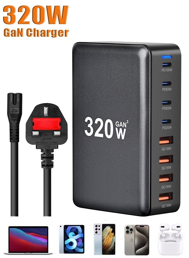 General 320W GaN Charger USB C Fast Desktop 8-port USB Type C PD Charger Fast Charge 3.0 USB Type C Fast Charger for iPhone15 14 Samsung  - Image 1