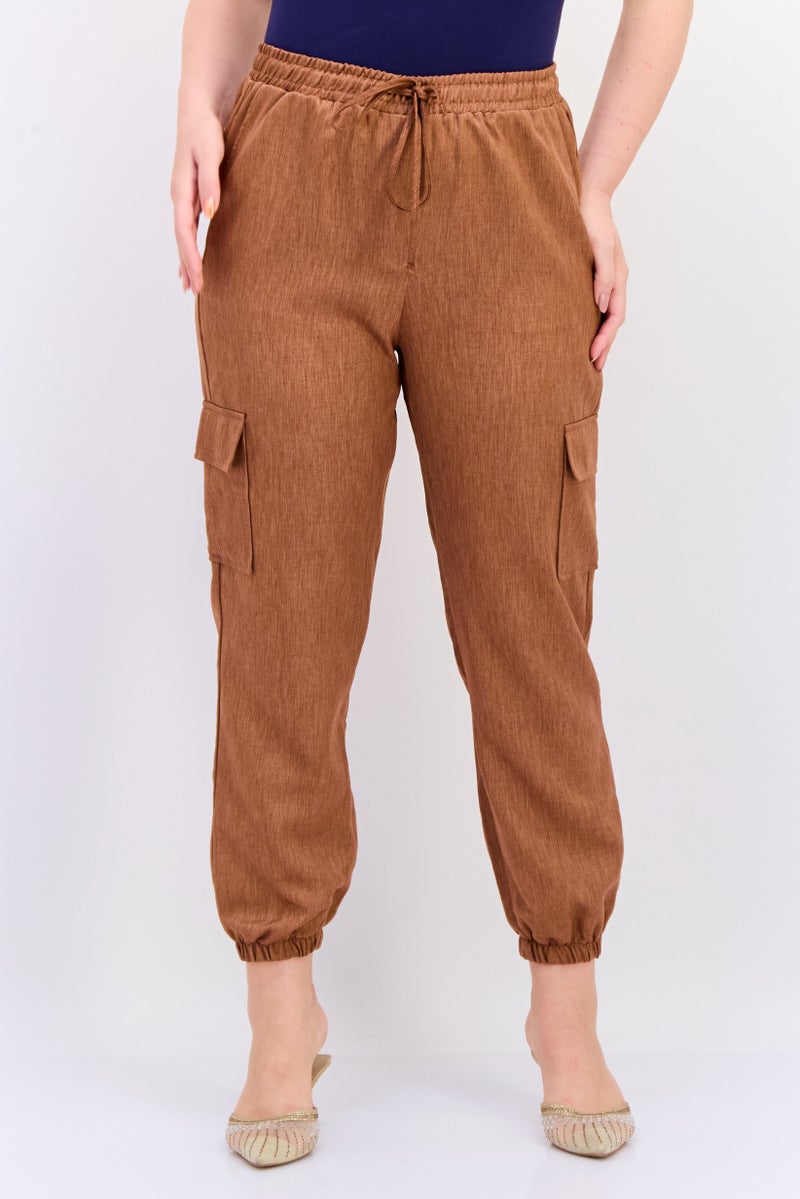 KOTON Women Regular Fit Textured Cargo Pants, Brown - Image 1