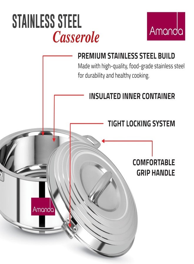 Amanda Stainless Steel Casserole Set of 3 (1000ml, 2000ml & 3000ml) – Hot Pot for Roti, Sabji & Biryani | Durable & Rust-Free | Ideal for Daily Use & Gifting (Round) - Image 4