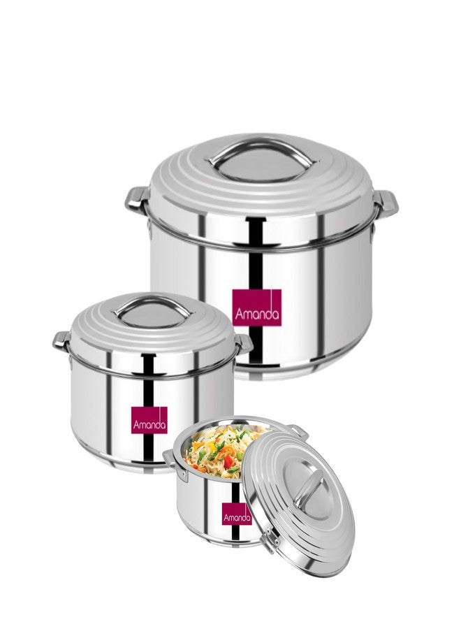 Amanda Stainless Steel Casserole Set of 3 (1000ml, 2000ml & 3000ml) – Hot Pot for Roti, Sabji & Biryani | Durable & Rust-Free | Ideal for Daily Use & Gifting (Round) - Image 1