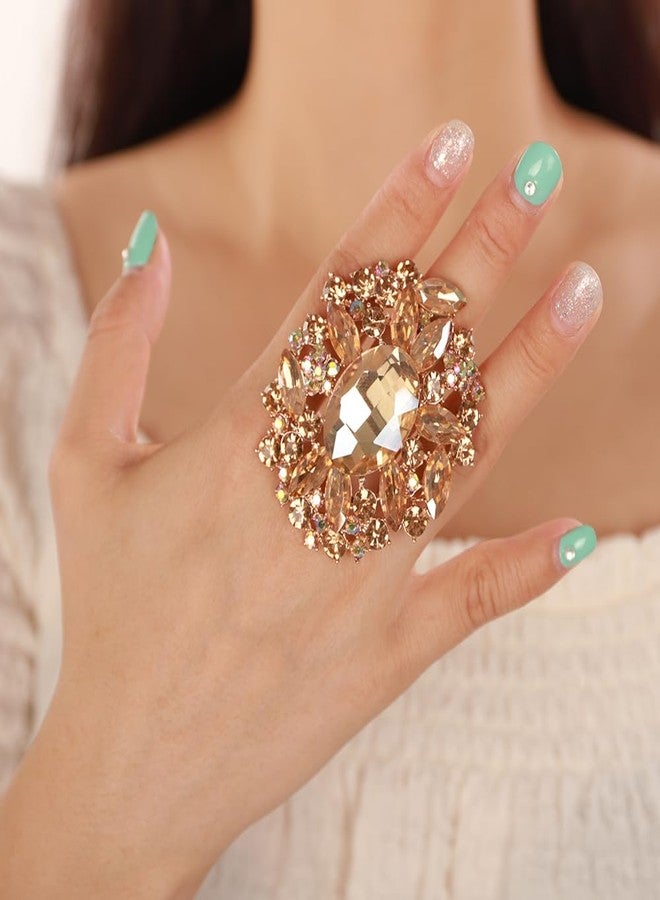 Rumtock Women Big Finger Ring with Champagne Rhinestones Crystals Beads Exaggerated Knuckle Ring Round Open Band Rings Women Jewelry (Champagne) - Image 3