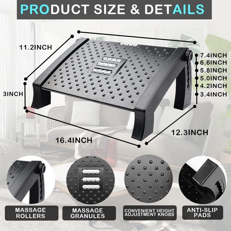 Techhark Adjustable Ergonomic Foot Rest for Office Chair Massage Rollers G Black - Image 2