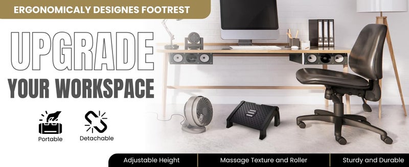 Techhark Adjustable Ergonomic Foot Rest for Office Chair Massage Rollers G Black - Image 3