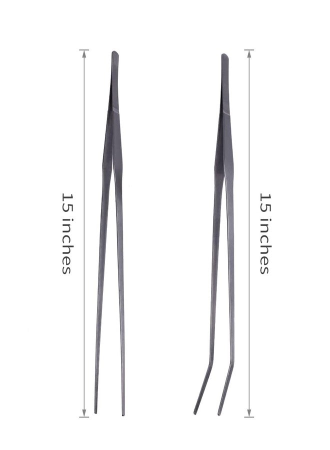 Firesteed Long Handle Aquarium Tweezers Serving Tongs,2 Pack Stainless Steel Straight and Curved Tweezers Set for Fish Tank Plants Reptile Feeding Tongs（15 Inchs） - Image 3