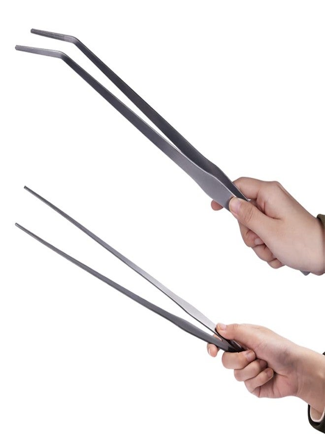 Firesteed Long Handle Aquarium Tweezers Serving Tongs,2 Pack Stainless Steel Straight and Curved Tweezers Set for Fish Tank Plants Reptile Feeding Tongs（15 Inchs） - Image 1