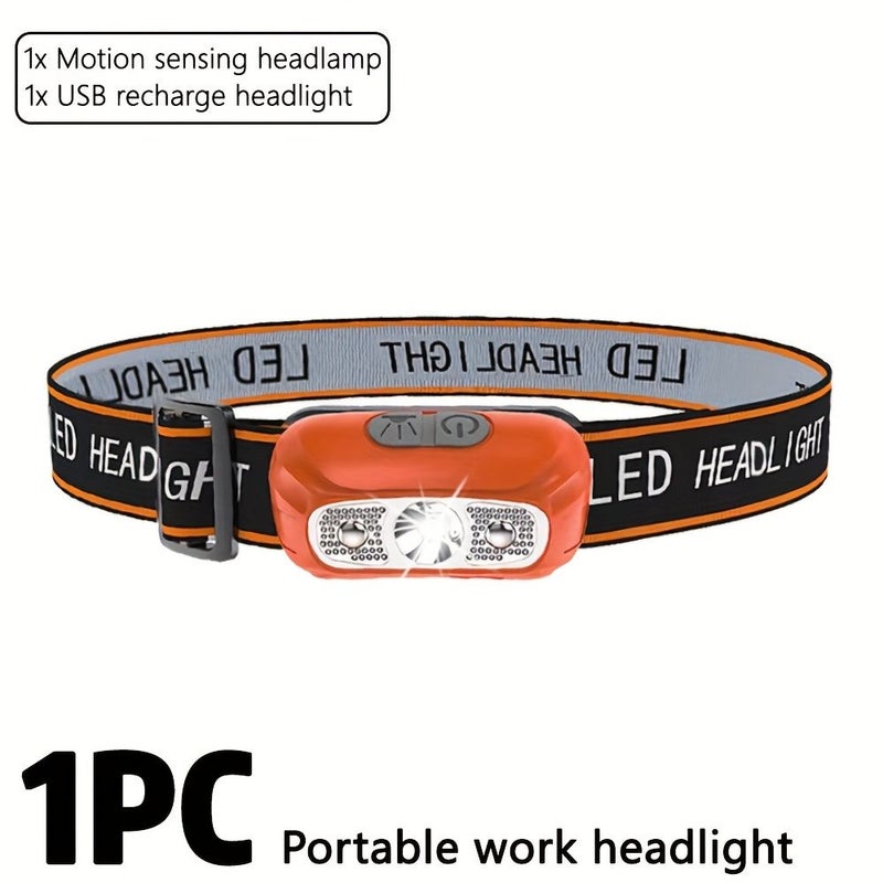 Orange LED Headlight Motion Sensor USB Rechargeable Portable Emergency Work Light - Image 1