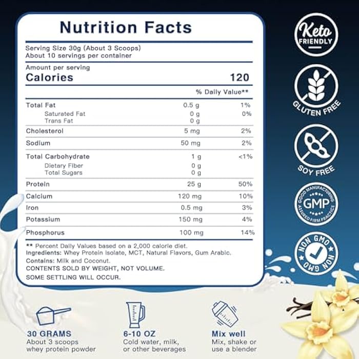 ZEBORA Whey Protein Powder, Vanilla Flavor, Grass Fed Whey Protein Isolate, 25g Protein Per Serving, Keto Friendly, 10.58 Oz, 10 Servings - Image 2