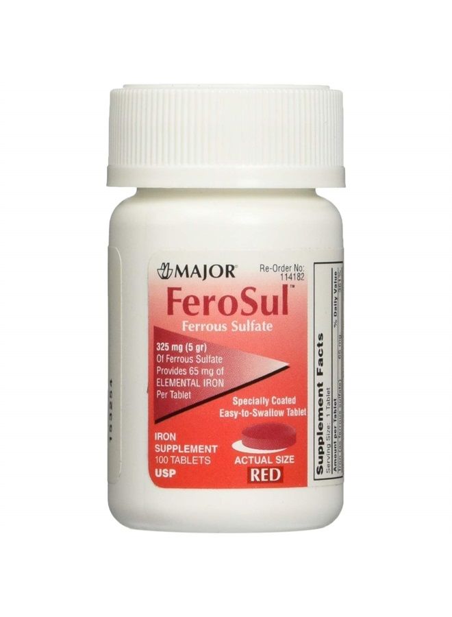 Major Pharmaceuticals Major Ferosul Ferrous Sulfate-325 Mg (5gr), Iron Supplement, 100 Tablets Per Bottle (1 Pack)
