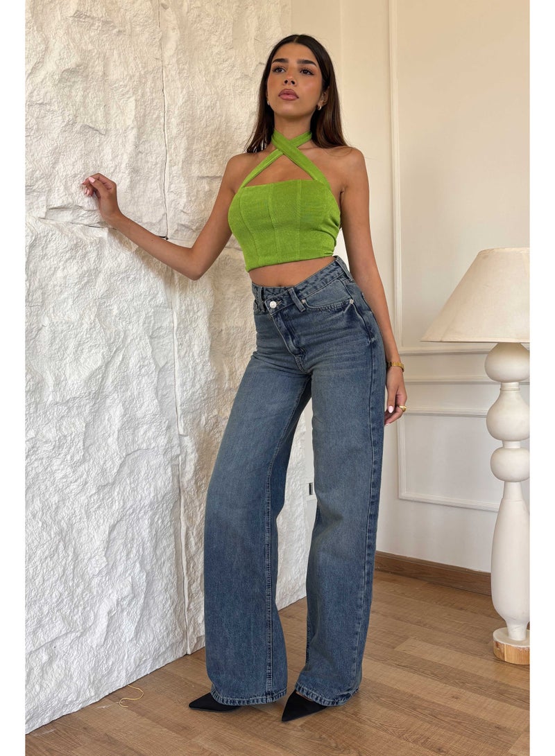 CIZARO Criss Cross - High-Waist Classic Dark Blue Wide-Leg Jeans  - Image 1