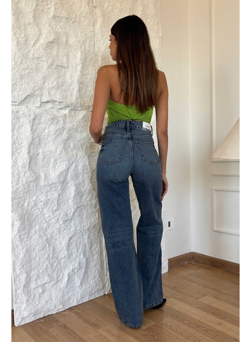 CIZARO Criss Cross - High-Waist Classic Dark Blue Wide-Leg Jeans  - Image 4