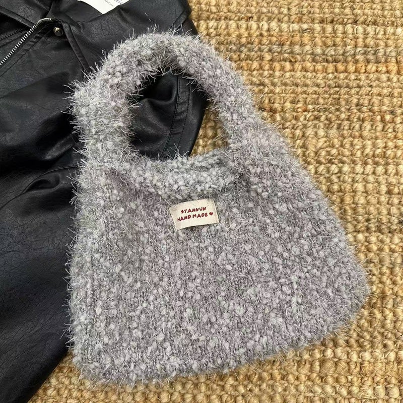 Hairy Knitted Handbag Cute Bucket Bag Solid Color All-Match Hand Bag Soft Waxy Touch - Image 1