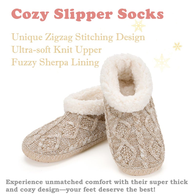 cosyone1997 Cable Knit House Slippers for Women Indoor, Sherpa Fleece Lined, Winter Warm Cozy Fuzzy Slipper Socks Non-slip Grippers, Adult Size 7-8 Beige - Image 4