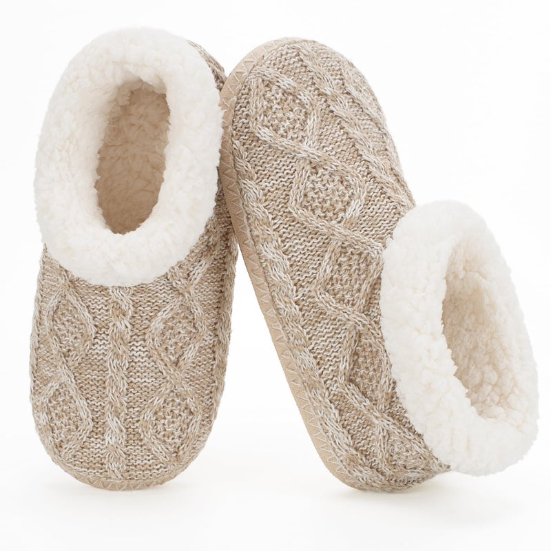 cosyone1997 Cable Knit House Slippers for Women Indoor, Sherpa Fleece Lined, Winter Warm Cozy Fuzzy Slipper Socks Non-slip Grippers, Adult Size 7-8 Beige - Image 1