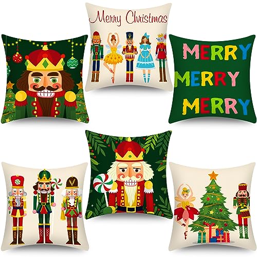 Tatuo 6 Pcs Christmas Santa Claus Nutcracker Throw Pillow Cover Nutcracker Santa Cushion Decoration 18 x 18 Inch Pillowcase Holiday Decoration for Sofa Couch Bed - Image 1