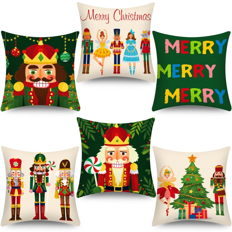 Tatuo 6 Pcs Christmas Santa Claus Nutcracker Throw Pillow Cover Nutcracker Santa Cushion Decoration 18 x 18 Inch Pillowcase Holiday Decoration for Sofa Couch Bed - Image 2