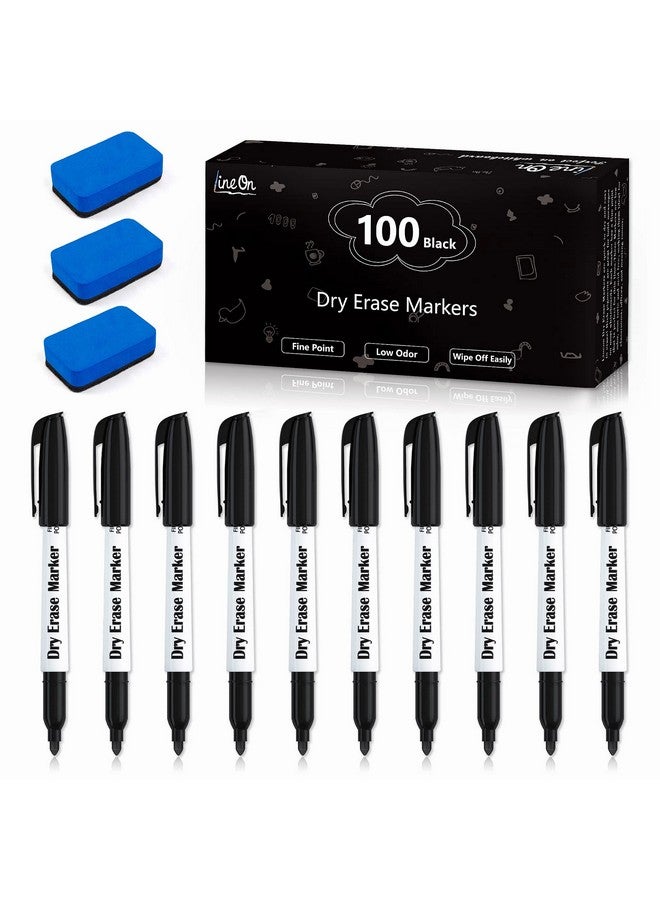 Lineon Ase Markers, Lineon 100 Bluk Pack Black Whiteboard Markers With 2 Eraser, Fine Point Dry Erase Markers Perfect For Writing On Whiteboards, Dry-Erase Boards,Mirrors For School Office Home - Image 1