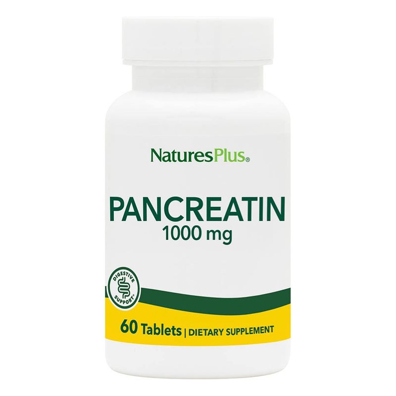 Natures Plus Pancreatin - 1000 mg, 60 Tablets - Natural Digestive Enzyme Supplement for Gastrointestinal Support - Contains Amylase, Protease & Lipase - Gluten-Free - 60 Servings - Image 1