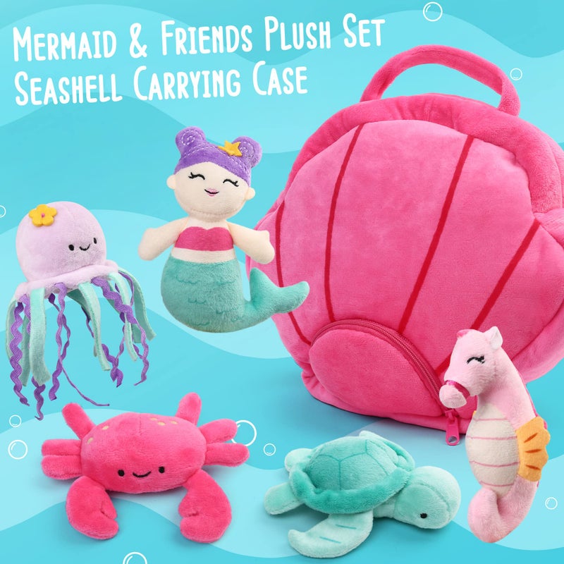 BenBen Ocean Stuffed Animal, 5 Pack Small Sea Creature Plush Toys and Shell Carrying Bag Set, Cute Plushies for Baby Kids, Sea Turtle, Octopus, Mermaid, Seahorse, Crab, Baby Shower, Stocking Stuffers - Image 4