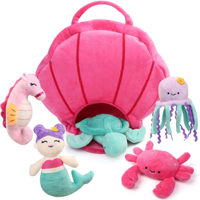 BenBen Ocean Stuffed Animal, 5 Pack Small Sea Creature Plush Toys and Shell Carrying Bag Set, Cute Plushies for Baby Kids, Sea Turtle, Octopus, Mermaid, Seahorse, Crab, Baby Shower, Stocking Stuffers - Image 1