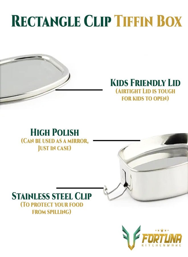 FORTUNA KITCHENWARE صندوق طعام للأطفال من الفولاذ المقاوم للصدأ من فورتونا كيتشنوير | صندوق غداء للأطفال والمكتب من الفولاذ المقاوم للصدأ | صفيحة فاصلة فولاذية ومشبك قفل | غطاء مناسب للأطفال، شكل مستطيل (مناسب للتلفزيون، صغير) - Image 3