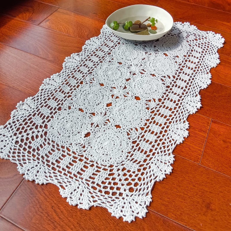 Phantomon Lace Table Runner Rectangular Table Cover Cloth Handmade Crochet Floral Placemats 100% Cotton (Floral White, 15x28Inch) - Image 3