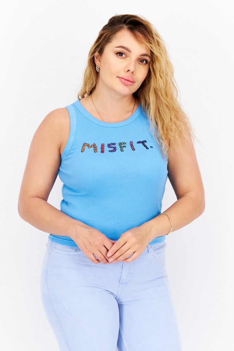 Misfit Women Jewel Neck Sleeveless Ribbed Tank Top, Pop Blue - Image 1